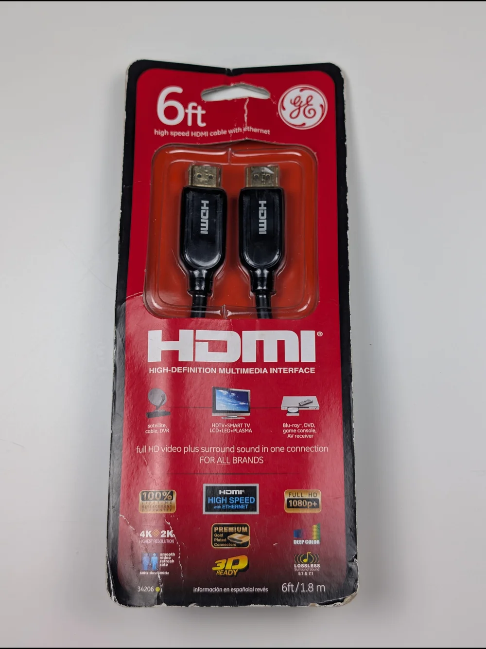 GE 6ft High Speed HDMI Cable with Ethernet 4K 3D Model 34206 New